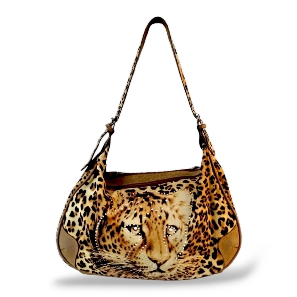 Y2K Leopard Face Diamante Mobwife Slouchy Bag